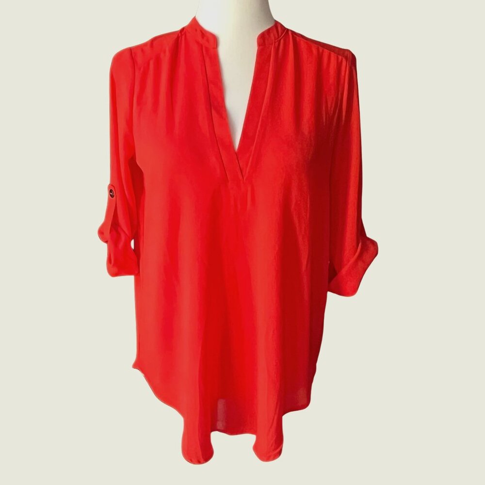 Lush Red V-Neck Blouse with Roll-Tab Sleeves – Size XS (NWOT)